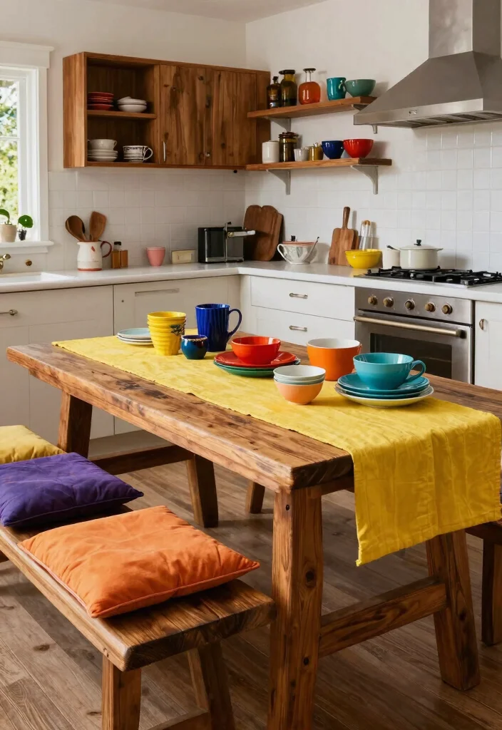 15 Bench Kitchen Table Ideas With Casual Comfort - 12. Bold Accents 1