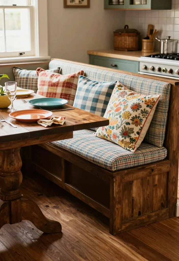 15 Bench Kitchen Table Ideas With Casual Comfort - 3. Farmhouse Fabric 1