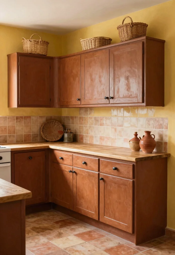 15 Brown Painted Kitchen Cabinets Ideas With Warm Tone - 15. Rustic Terracotta Accent 1