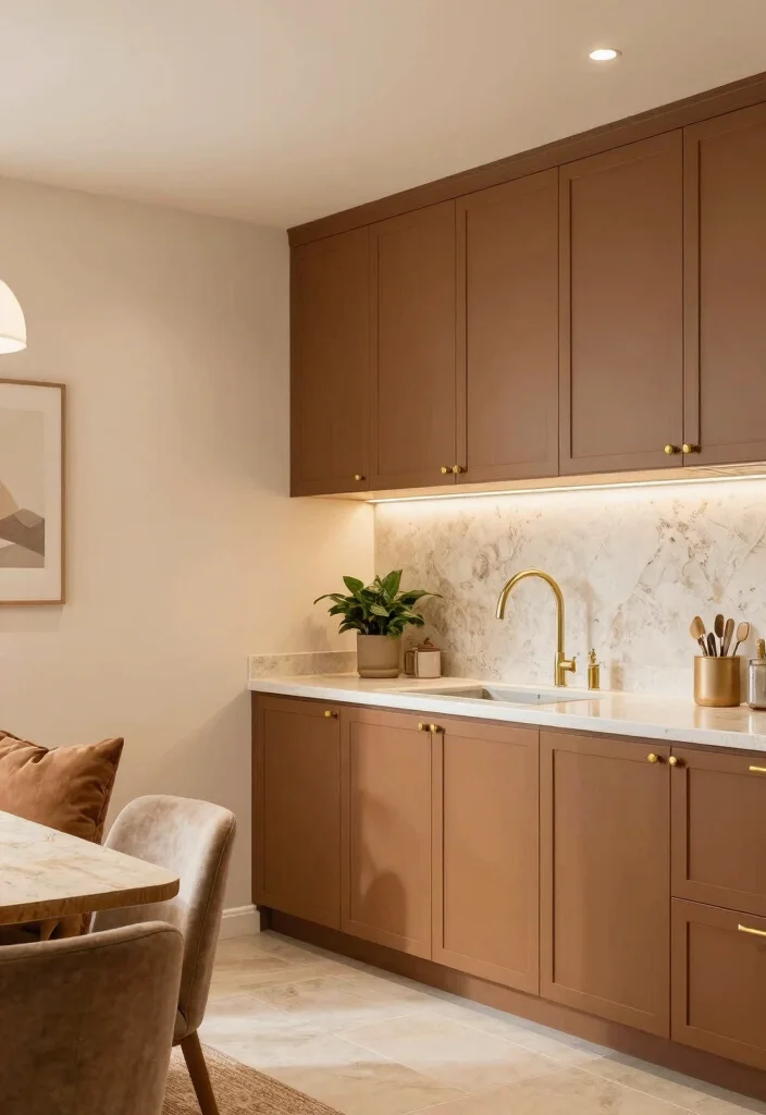 15 Brown Painted Kitchen Cabinets Ideas With Warm Tone - 3. Soft Caramel Glow 1