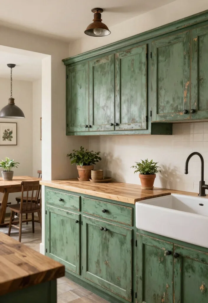 15 Distressed Kitchen Cabinets Ideas With Rustic Character 3 15 Distressed Kitchen Cabinets Ideas With Rustic Character - 3. Weathered Green Cabinets 1