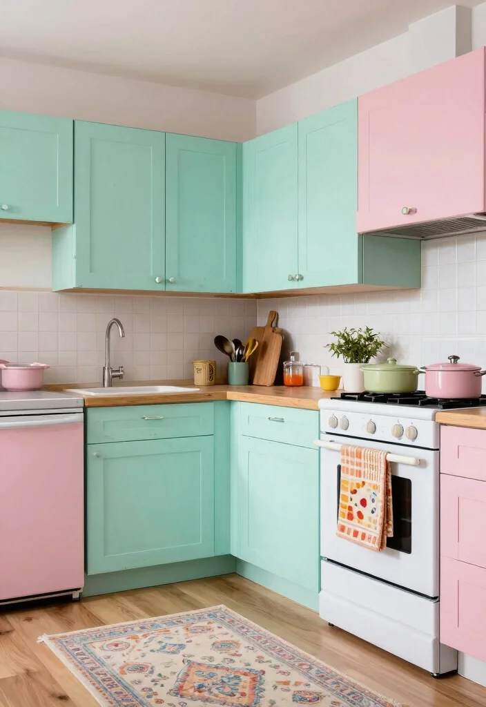 15 Distressed Kitchen Cabinets Ideas With Rustic Character 5 15 Distressed Kitchen Cabinets Ideas With Rustic Character - 5. Retro Pastel Shades 1