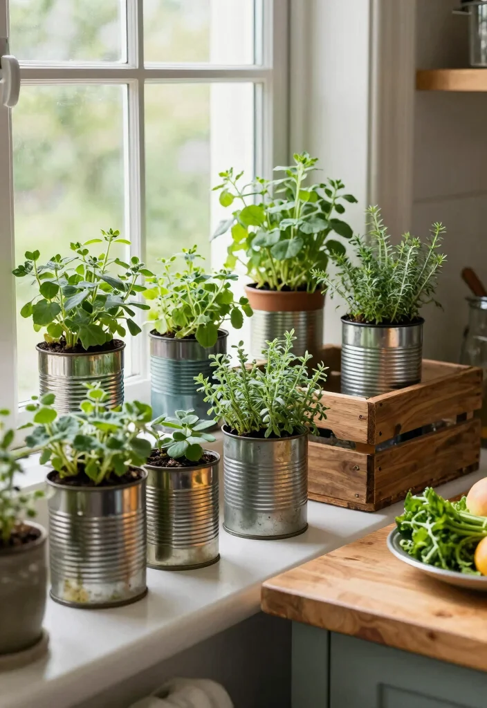 15 Kitchen Herb Garden Ideas With Fresh Green Touch 12 15 Kitchen Herb Garden Ideas With Fresh Green Touch - 12. Herbs in Upcycled Containers 1