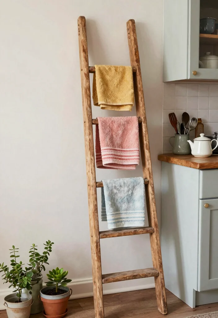 15 Kitchen Towel Storage Ideas That Look Neat & Stylish 10 15 Kitchen Towel Storage Ideas That Look Neat & Stylish - 10. Repurposed Ladder for Towel Storage 1