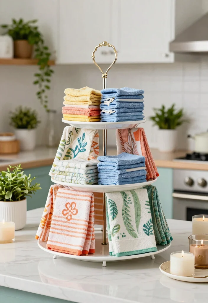 15 Kitchen Towel Storage Ideas That Look Neat & Stylish 11 15 Kitchen Towel Storage Ideas That Look Neat & Stylish - 11. Tiered Stand Storage 1