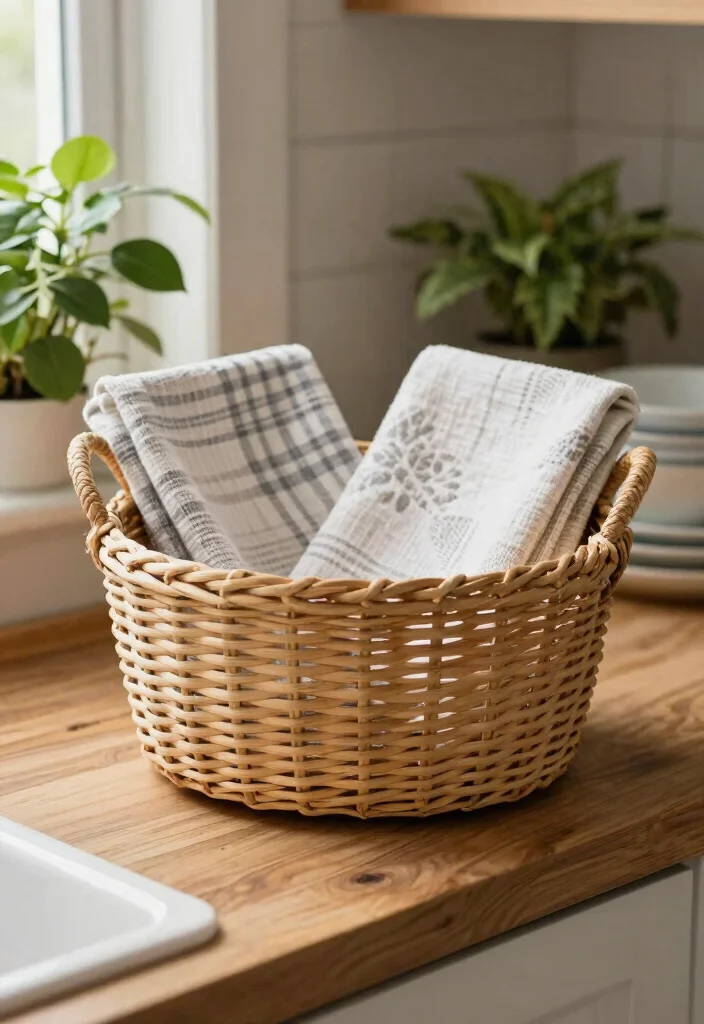 15 Kitchen Towel Storage Ideas That Look Neat & Stylish 4 15 Kitchen Towel Storage Ideas That Look Neat & Stylish - 4. Decorative Baskets 1