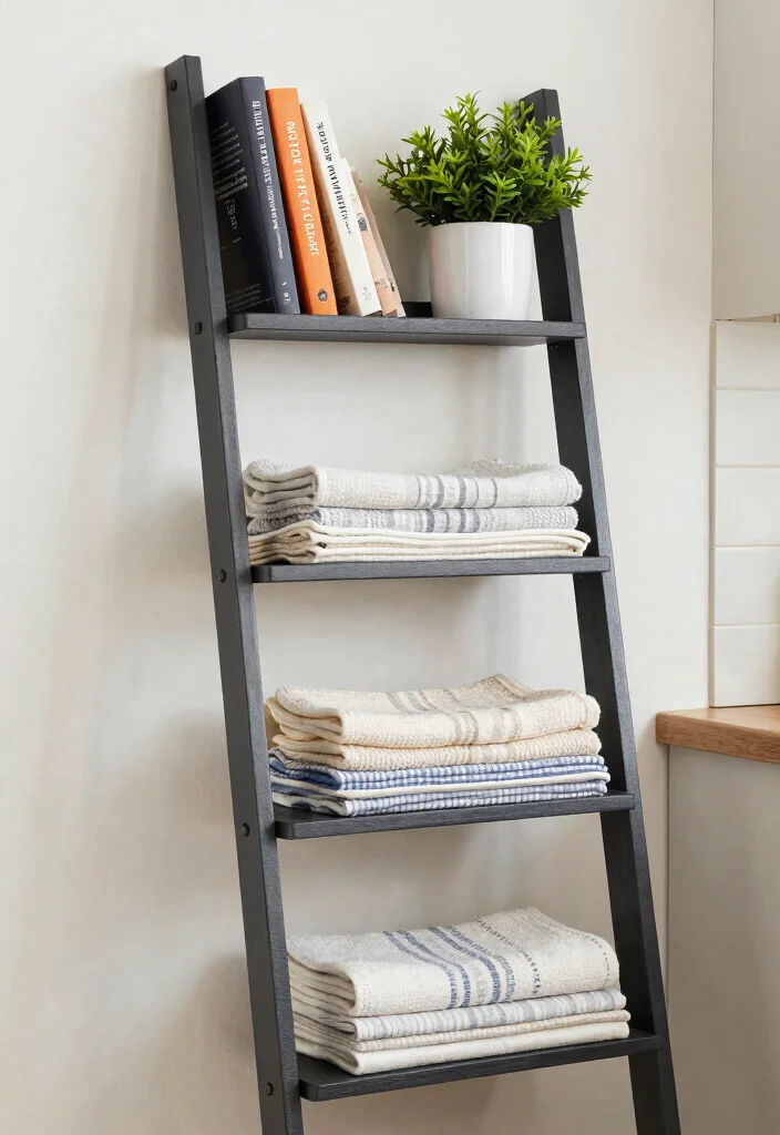 15 Kitchen Towel Storage Ideas That Look Neat & Stylish 6 15 Kitchen Towel Storage Ideas That Look Neat & Stylish - 6. Ladder Shelf Storage 1