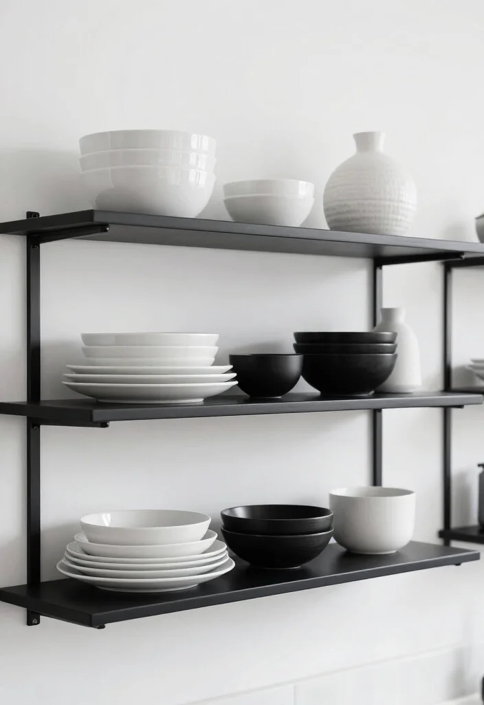 15 Open Kitchen Shelf Ideas With Modern Display - 1. Monochrome Minimalism 1
