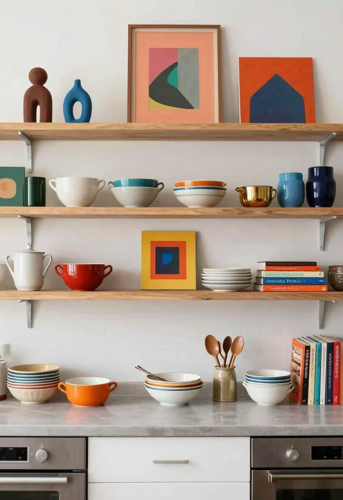 15 Open Kitchen Shelf Ideas With Modern Display - 14. Artistic Display 1