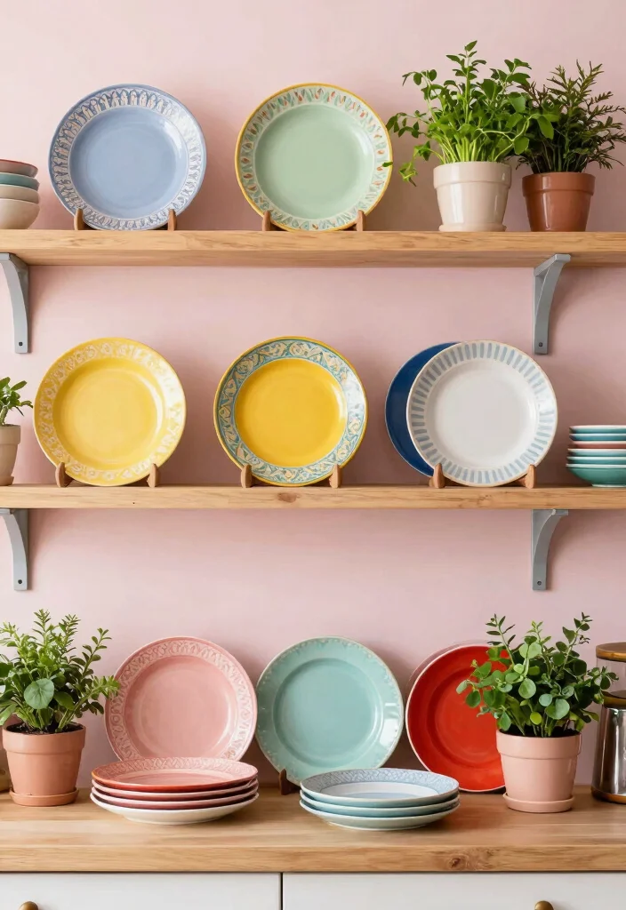 15 Open Kitchen Shelf Ideas With Modern Display - 4. Colorful Plate Display 1
