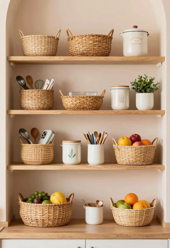 15 Open Kitchen Shelf Ideas With Modern Display - 7. Stylish Baskets and Containers 1