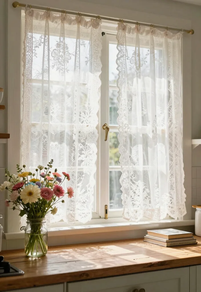 15 Rustic Kitchen Curtains Ideas With Country Charm - 1. Vintage Lace Panels 1