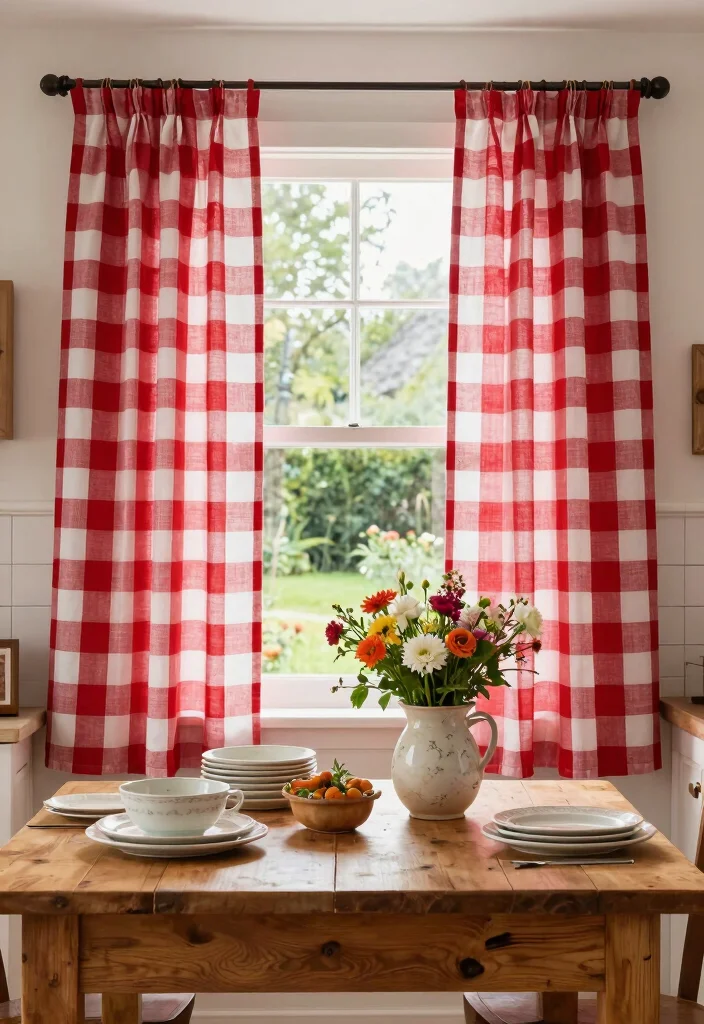 15 Rustic Kitchen Curtains Ideas With Country Charm - 10. Country Check Patterns 1