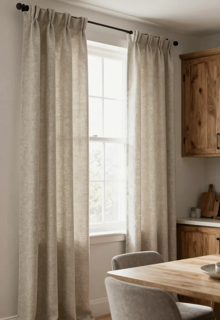 15 Rustic Kitchen Curtains Ideas With Country Charm - 11. Neutral Tones with Texture 1