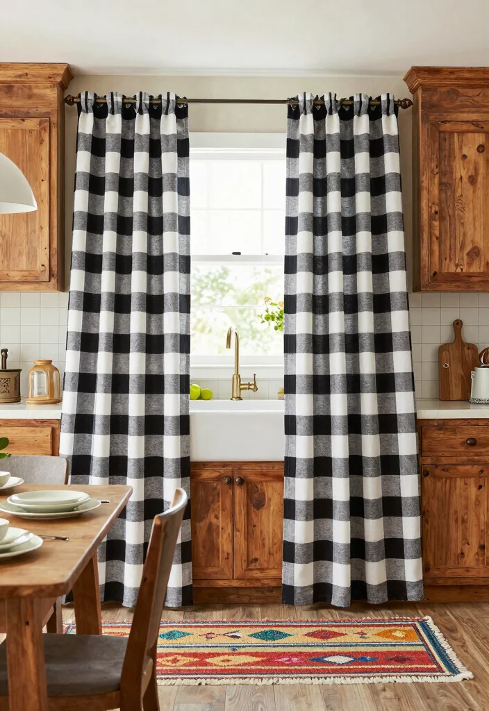 15 Rustic Kitchen Curtains Ideas With Country Charm - 12. Farmhouse Checks 1