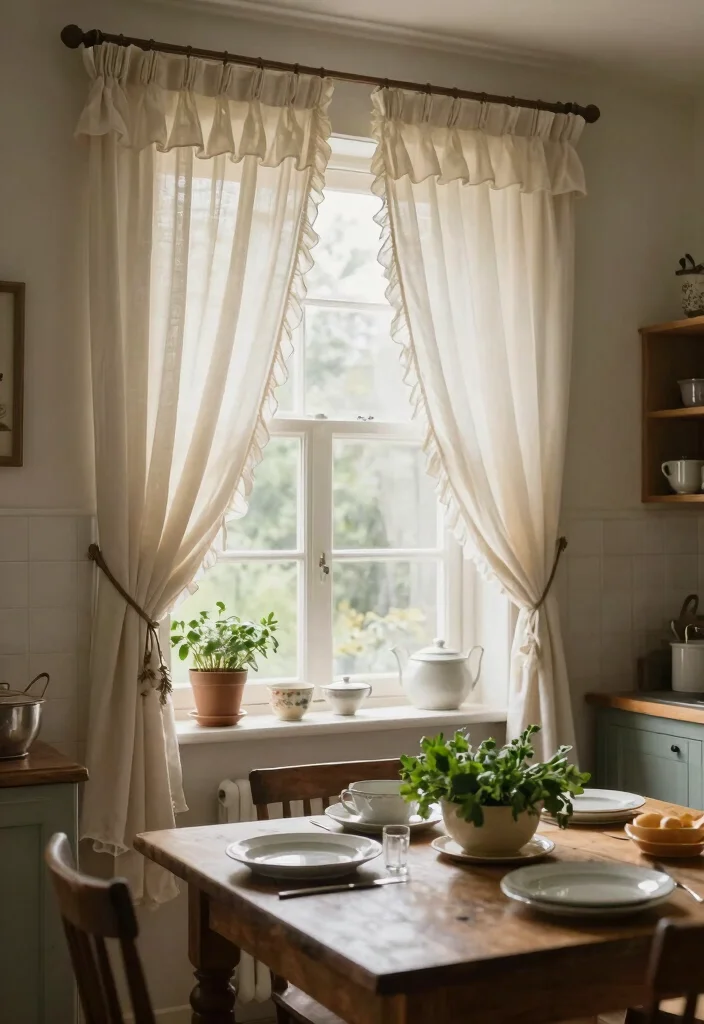 15 Rustic Kitchen Curtains Ideas With Country Charm - 13. Soft Ruffles 1