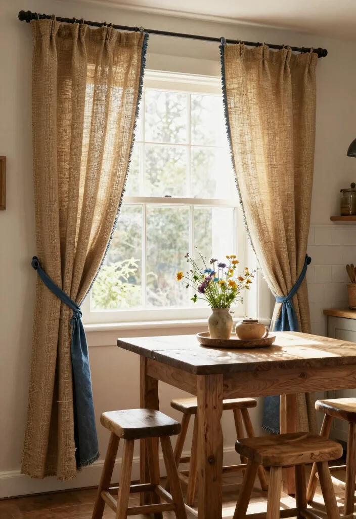15 Rustic Kitchen Curtains Ideas With Country Charm - 2. Burlap and Denim Mix 1