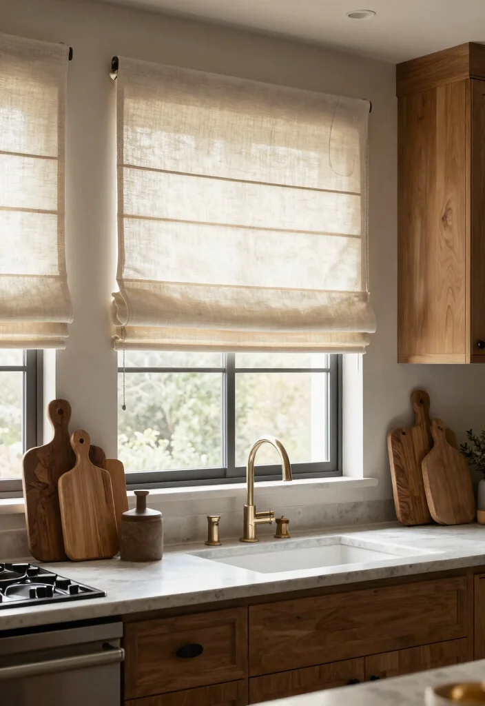 15 Rustic Kitchen Curtains Ideas With Country Charm - 6. Rustic Roman Shades 1