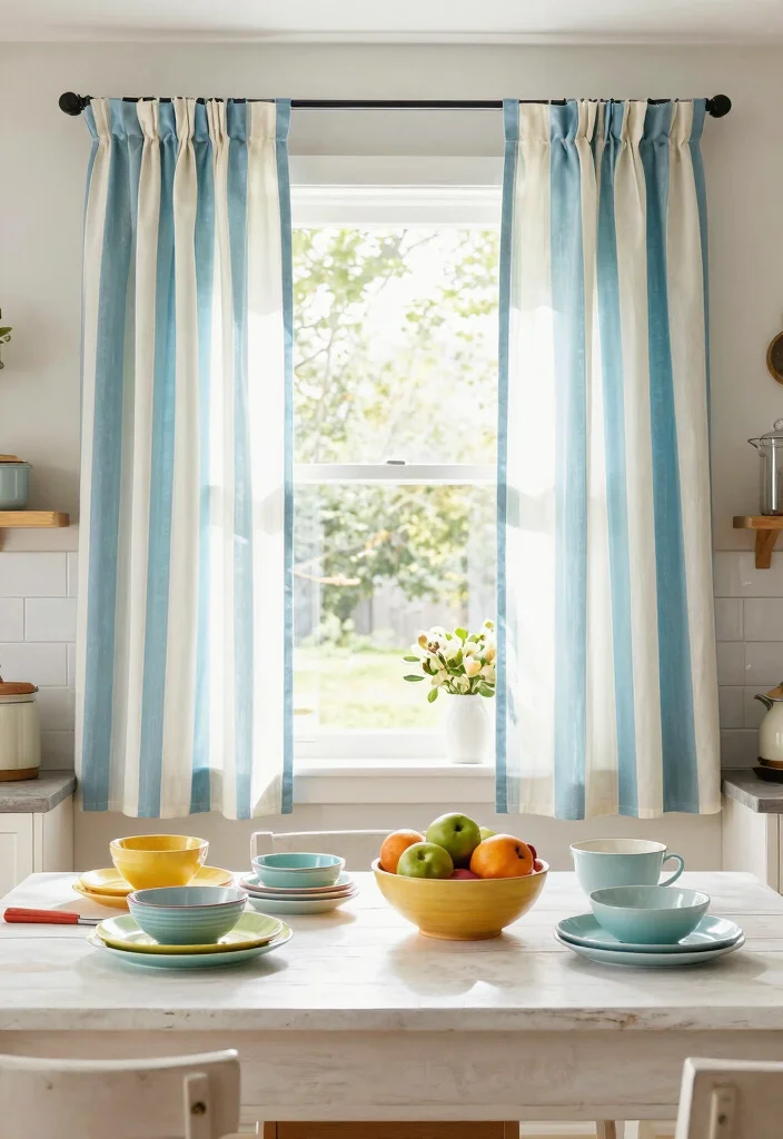 15 Rustic Kitchen Curtains Ideas With Country Charm - 8. Striped Textiles 1