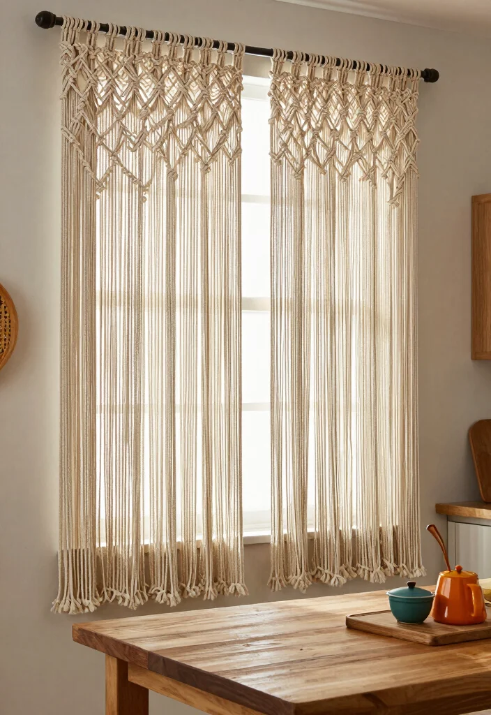 15 Rustic Kitchen Curtains Ideas With Country Charm - 9. Macrame Detailing 1