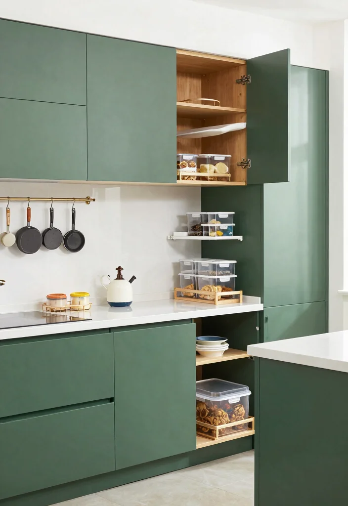 16 Forest Green Kitchen Cabinets Ideas With Moody Elegance 12 16 Forest Green Kitchen Cabinets Ideas With Moody Elegance - 12. Smart Storage Solutions 1