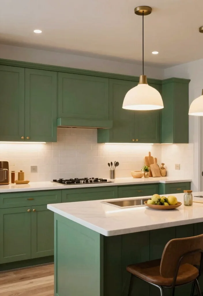 16 Forest Green Kitchen Cabinets Ideas With Moody Elegance 14 16 Forest Green Kitchen Cabinets Ideas With Moody Elegance - 14. Layered Lighting Techniques 1