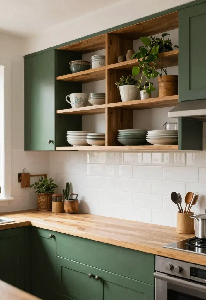 16 Forest Green Kitchen Cabinets Ideas With Moody Elegance 5 16 Forest Green Kitchen Cabinets Ideas With Moody Elegance - 5. Integrating Open Shelving 1