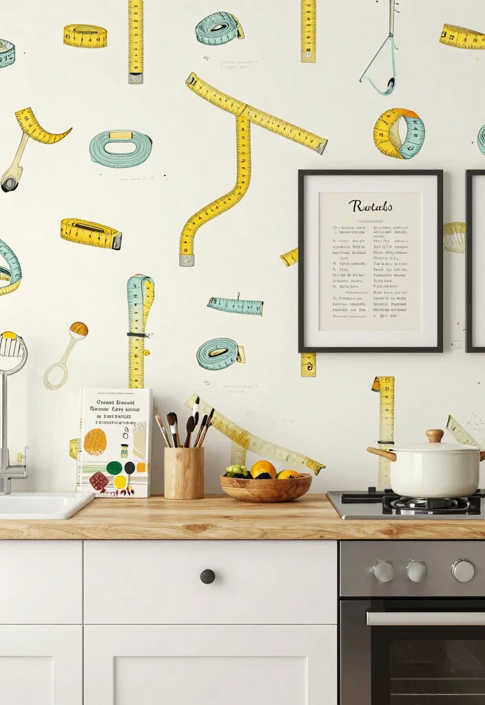 16 Wallpaper for Kitchen Ideas That Add Personality - 11. Vintage Tape Measure Prints 1