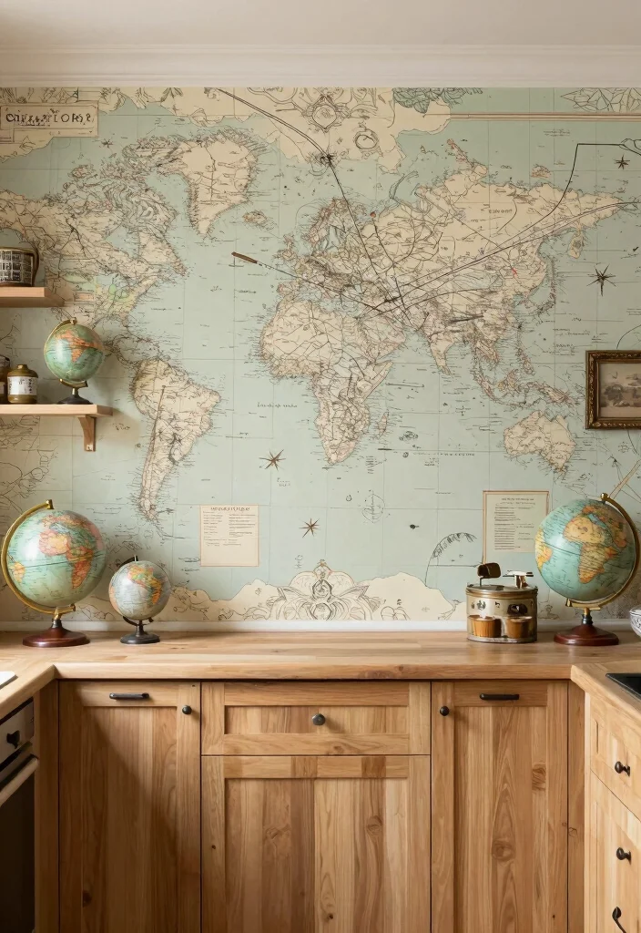 16 Wallpaper for Kitchen Ideas That Add Personality - 13. Vintage Map Prints 1