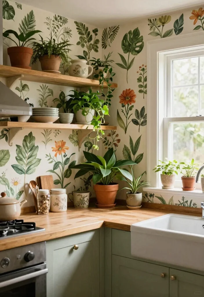 16 Wallpaper for Kitchen Ideas That Add Personality - 4. Vintage Botanical Prints 1