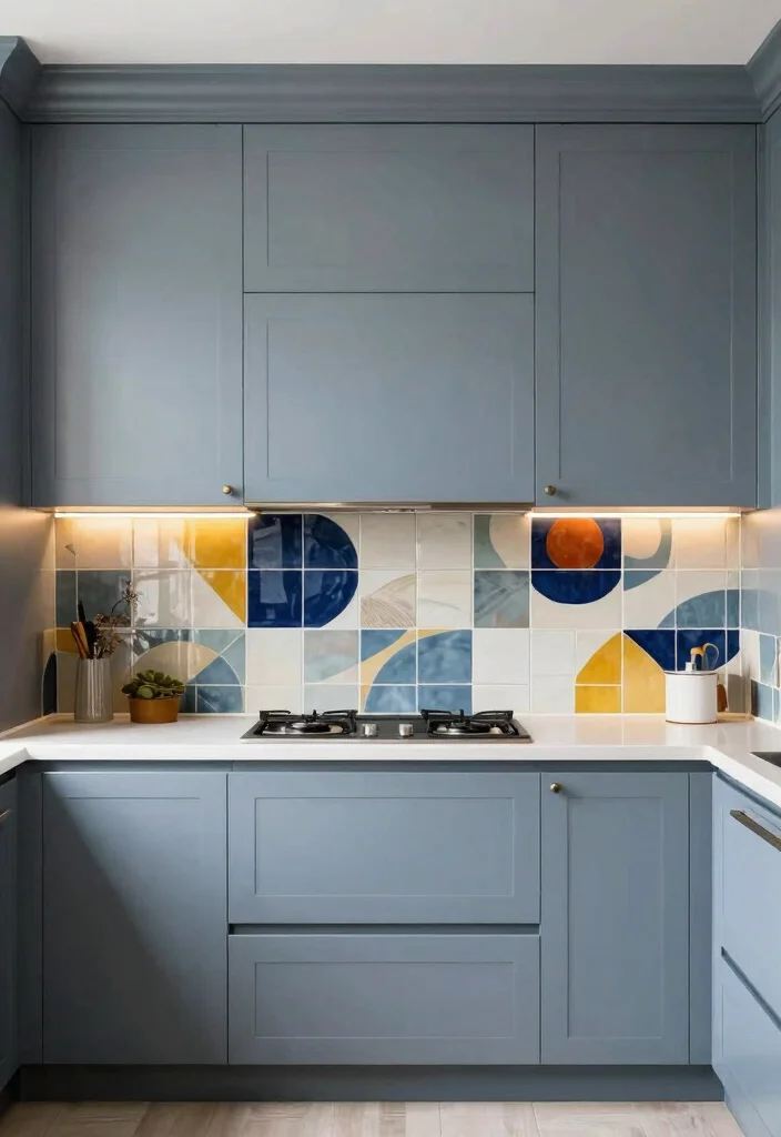17 Blue Gray Kitchen Cabinets Ideas With Modern Elegance 10 17 Blue Gray Kitchen Cabinets Ideas With Modern Elegance - 10. Blue Gray Cabinets with Artistic Backsplash 1