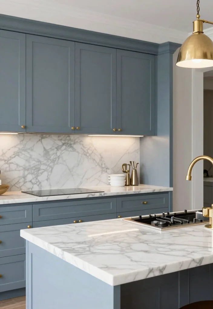 17 Blue Gray Kitchen Cabinets Ideas With Modern Elegance 8 17 Blue Gray Kitchen Cabinets Ideas With Modern Elegance - 8. Luxe Blue Gray with Marble Finishes 1