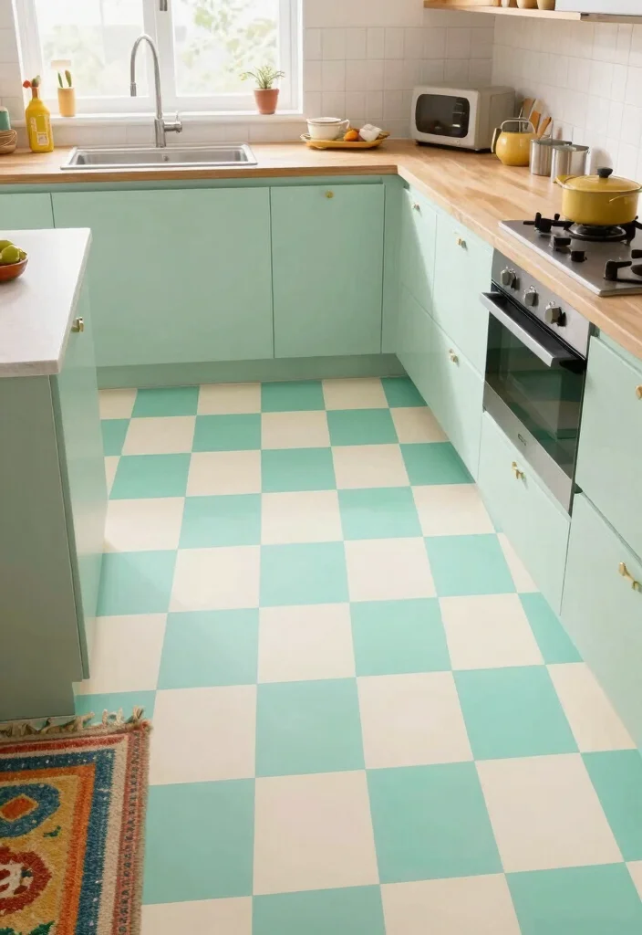 17 Checkerboard Kitchen Floor Ideas With Retro Flair - 12. Checkerboard in Unconventional Colors 1