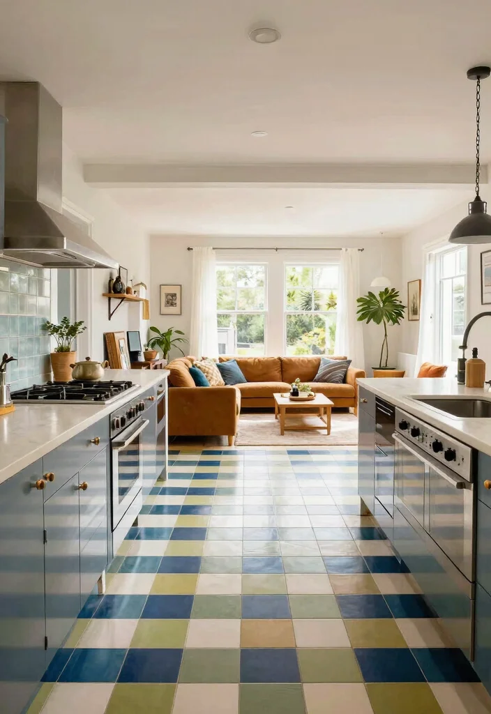 17 Checkerboard Kitchen Floor Ideas With Retro Flair - 14. Checkerboard Underfoot in Open Concept Spaces 1