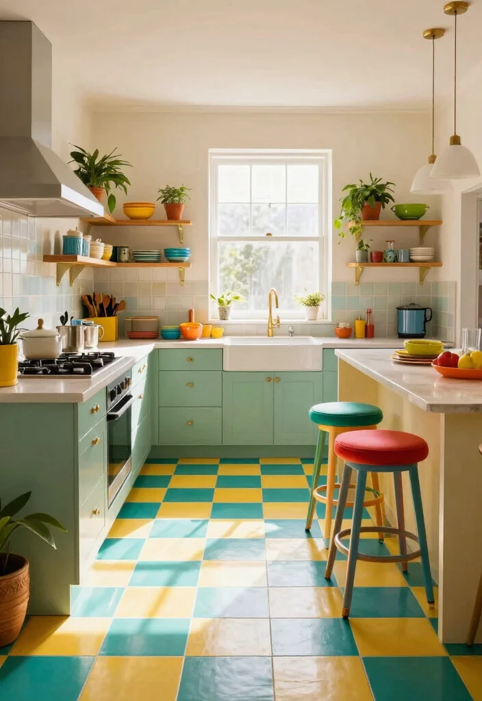 17 Checkerboard Kitchen Floor Ideas With Retro Flair - 2. Colorful Checkerboard Twist 1