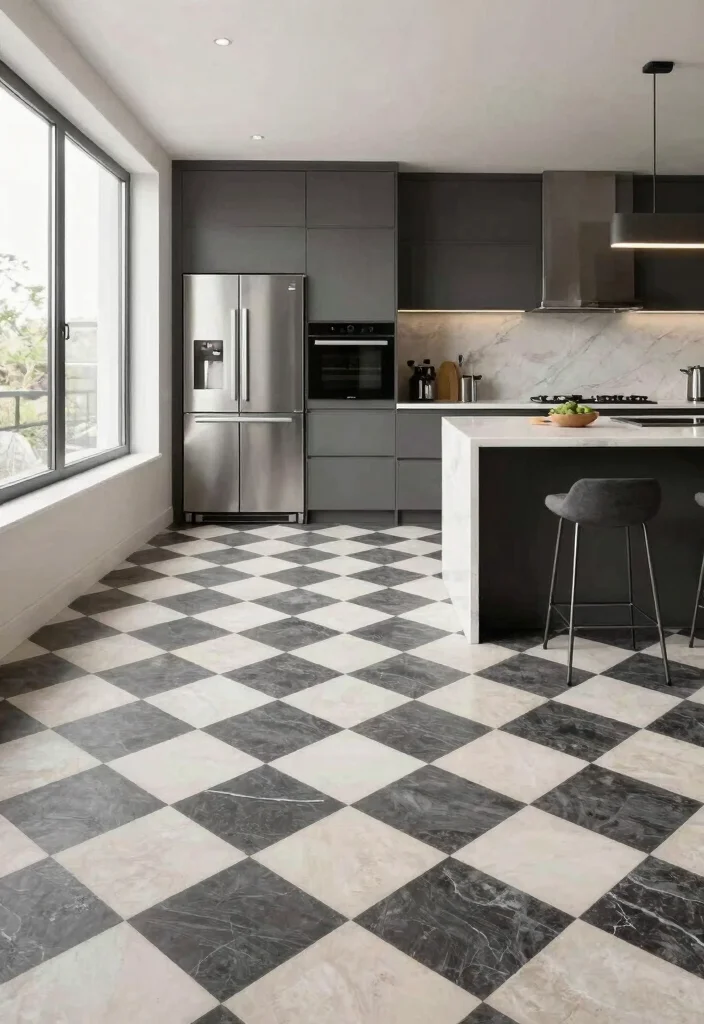 17 Checkerboard Kitchen Floor Ideas With Retro Flair - 4. Checkerboard with a Contemporary Twist 1