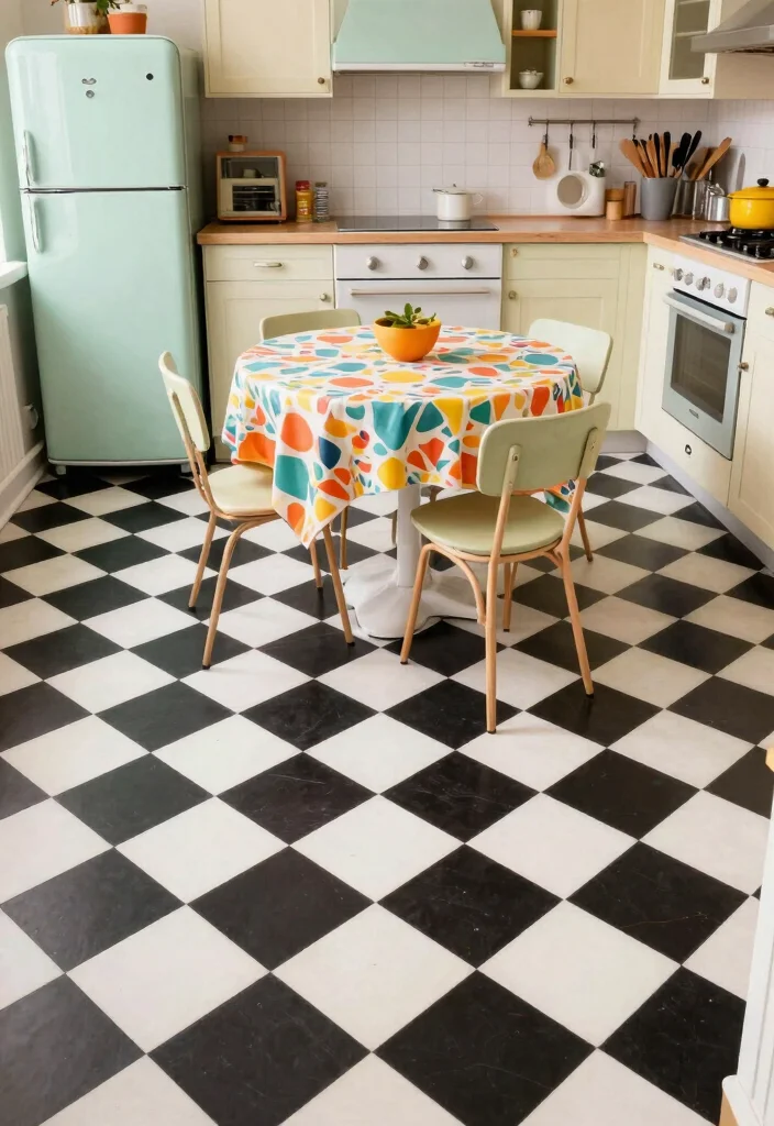 17 Checkerboard Kitchen Floor Ideas With Retro Flair - 6. Checkerboard with Vintage Linoleum 1