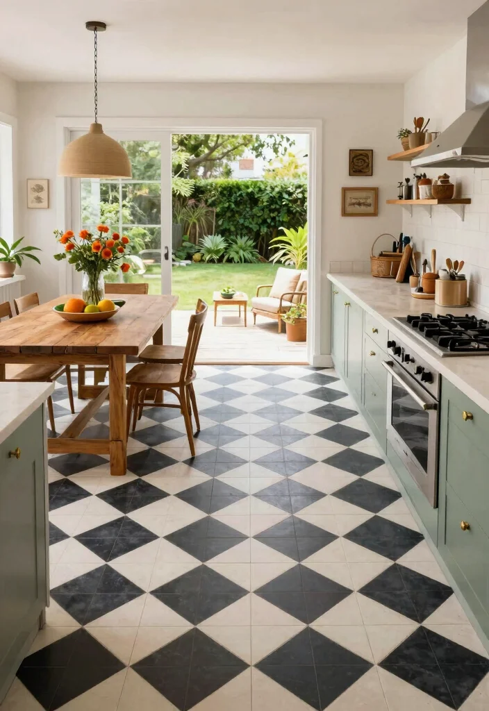 17 Checkerboard Kitchen Floor Ideas With Retro Flair - 7. Indoor-Outdoor Flow with Checkerboard 1