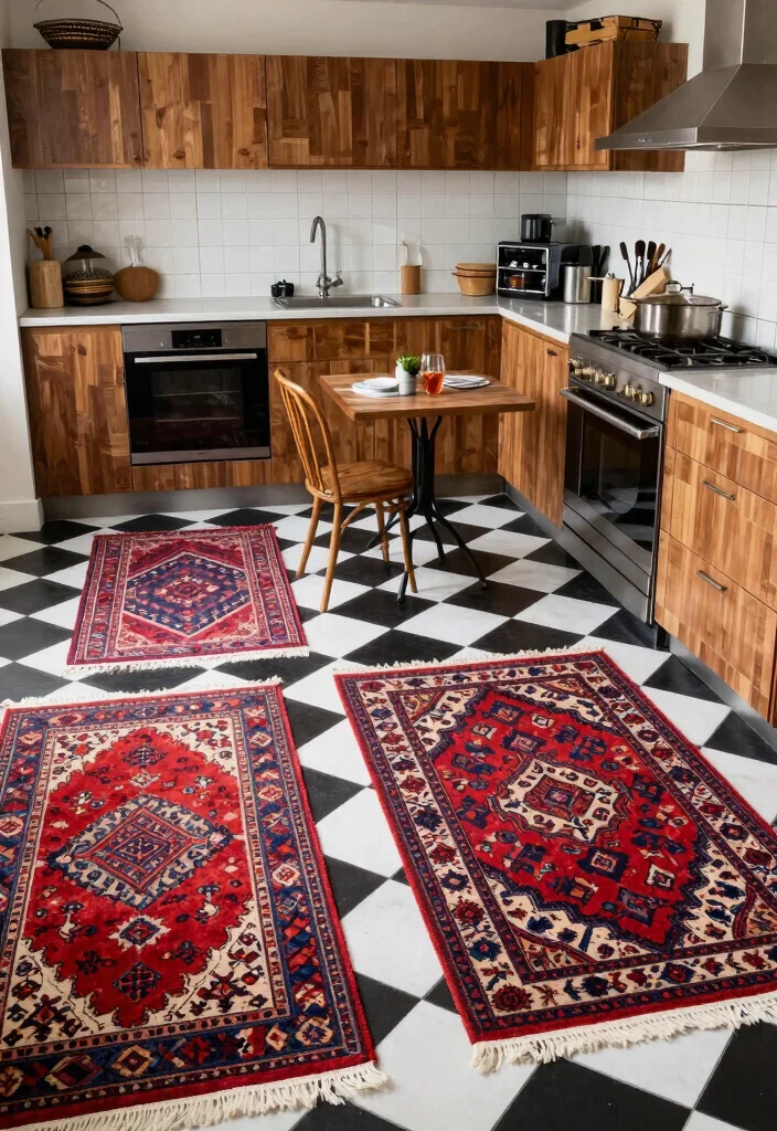 17 Checkerboard Kitchen Floor Ideas With Retro Flair - 8. Checkerboard with Vintage Rugs 1