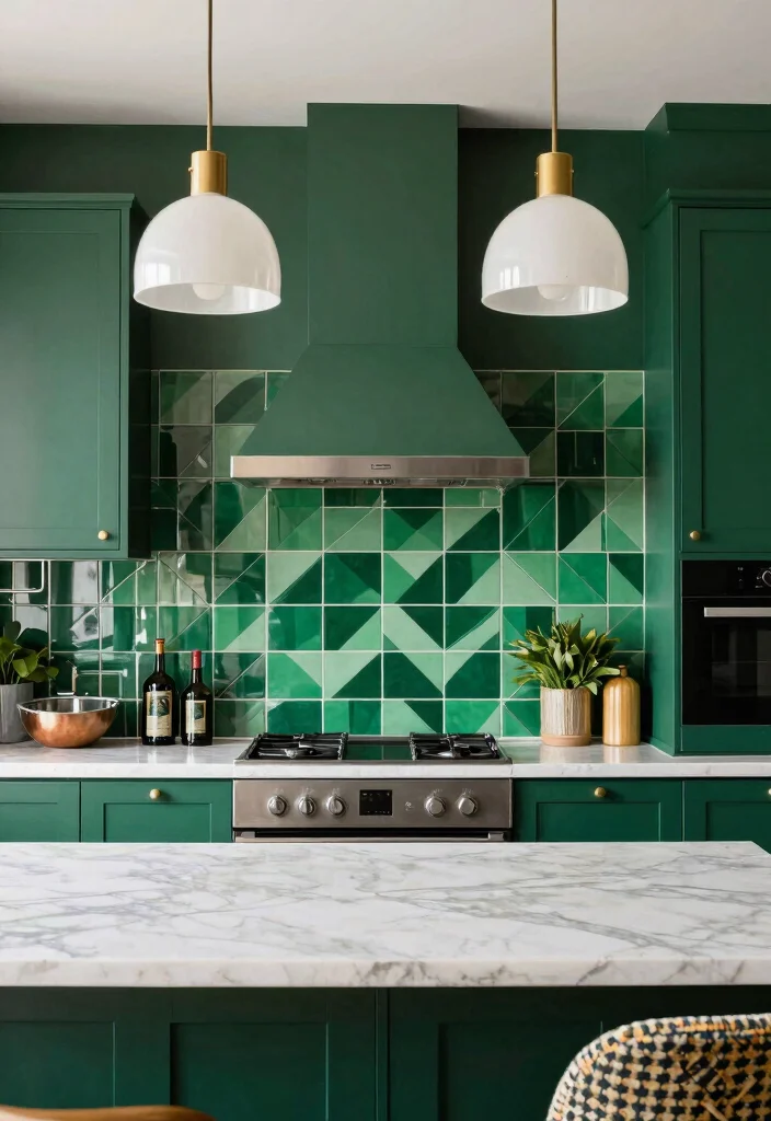17 Dark Green Kitchen Walls Ideas With Bold Depth 15 17 Dark Green Kitchen Walls Ideas With Bold Depth - 15. Bold Green with Geometric Patterns 1