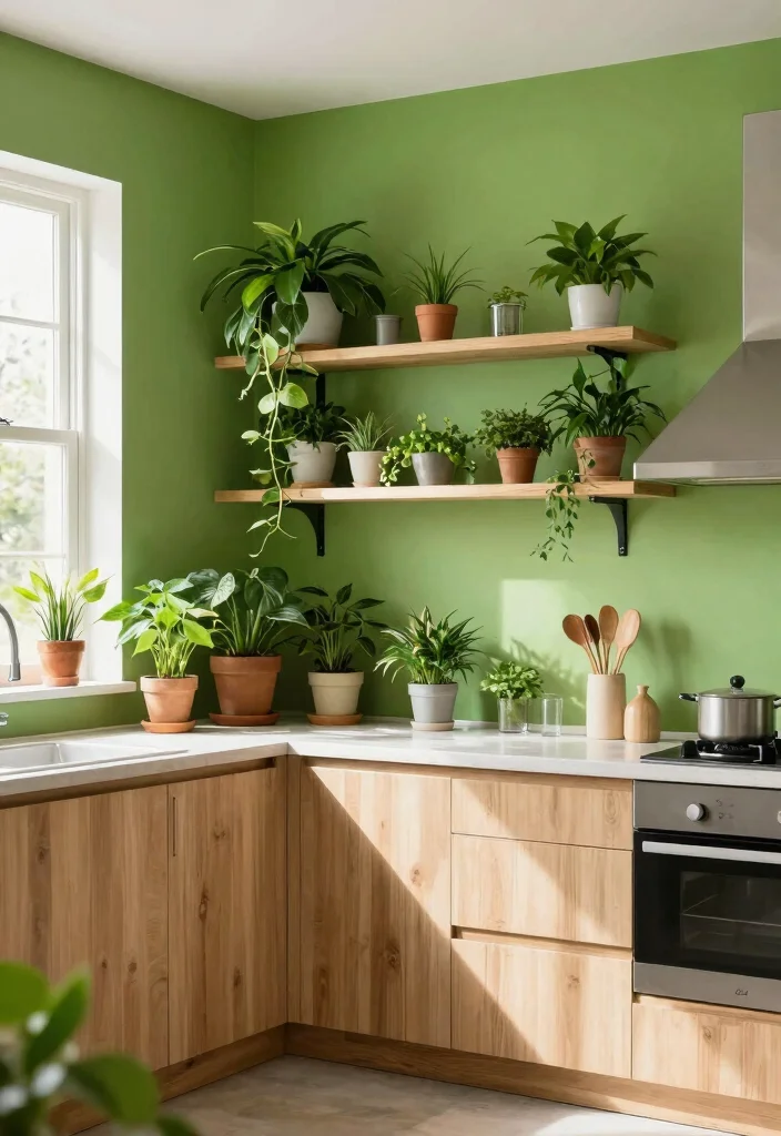 17 Dark Green Kitchen Walls Ideas With Bold Depth 7 17 Dark Green Kitchen Walls Ideas With Bold Depth - 7. Botanical Green With Natural Elements 1