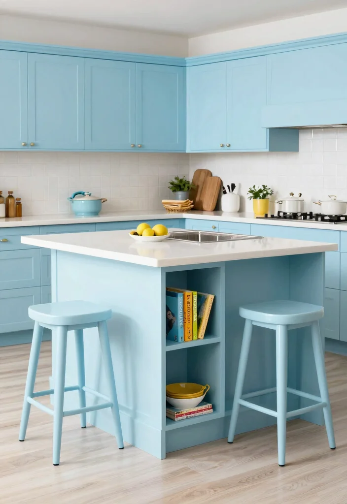 17 Light Blue Kitchen Cabinets Ideas With Fresh Coastal Vibes 10 17 Light Blue Kitchen Cabinets Ideas With Fresh Coastal Vibes - 10. Functional Island Style 1