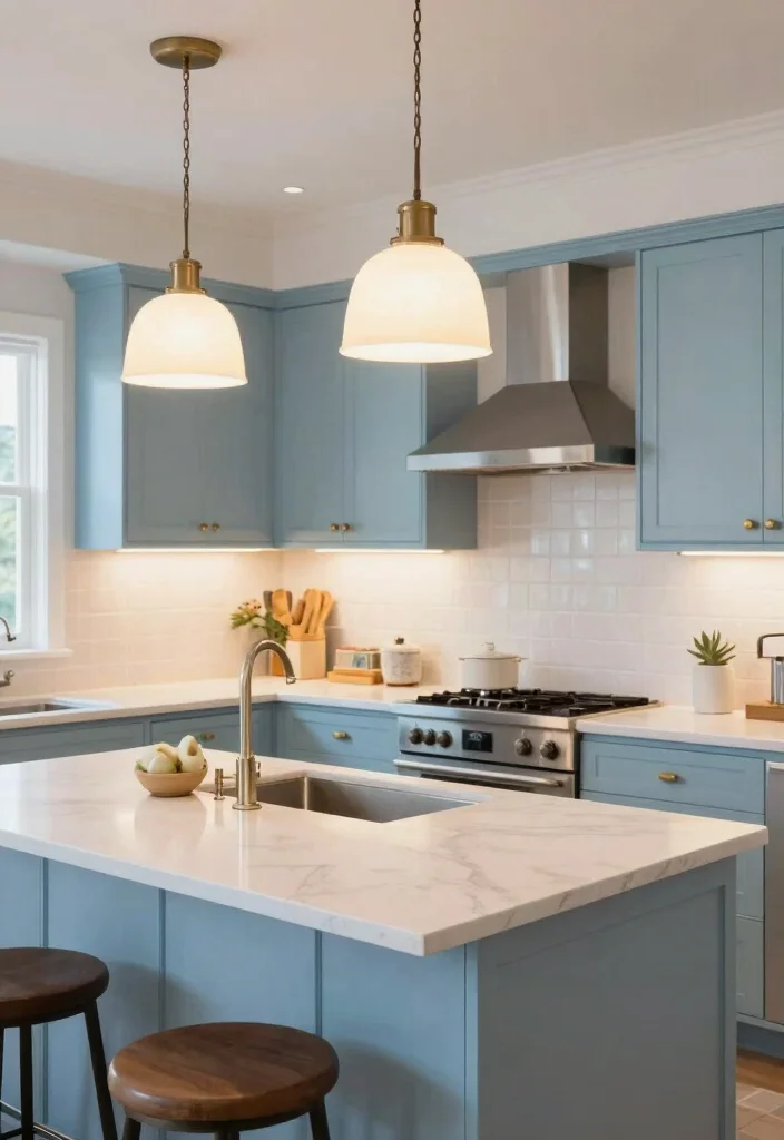 17 Light Blue Kitchen Cabinets Ideas With Fresh Coastal Vibes 12 17 Light Blue Kitchen Cabinets Ideas With Fresh Coastal Vibes - 12. Brighten with Lighting 1