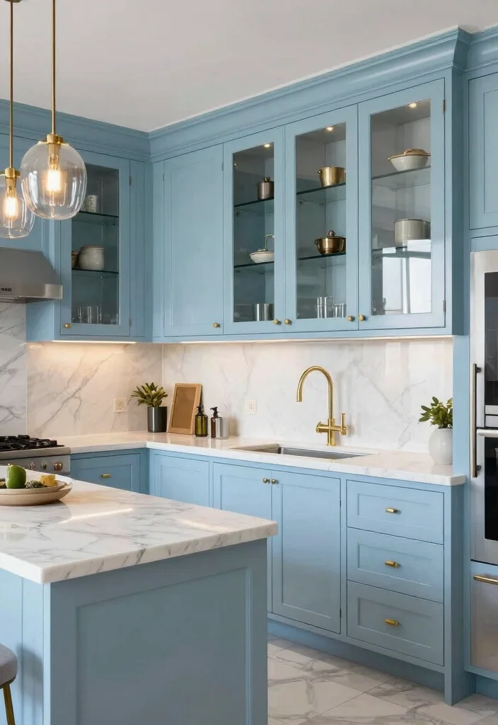 17 Light Blue Kitchen Cabinets Ideas With Fresh Coastal Vibes 15 17 Light Blue Kitchen Cabinets Ideas With Fresh Coastal Vibes - 15. Elegant Finishes 1