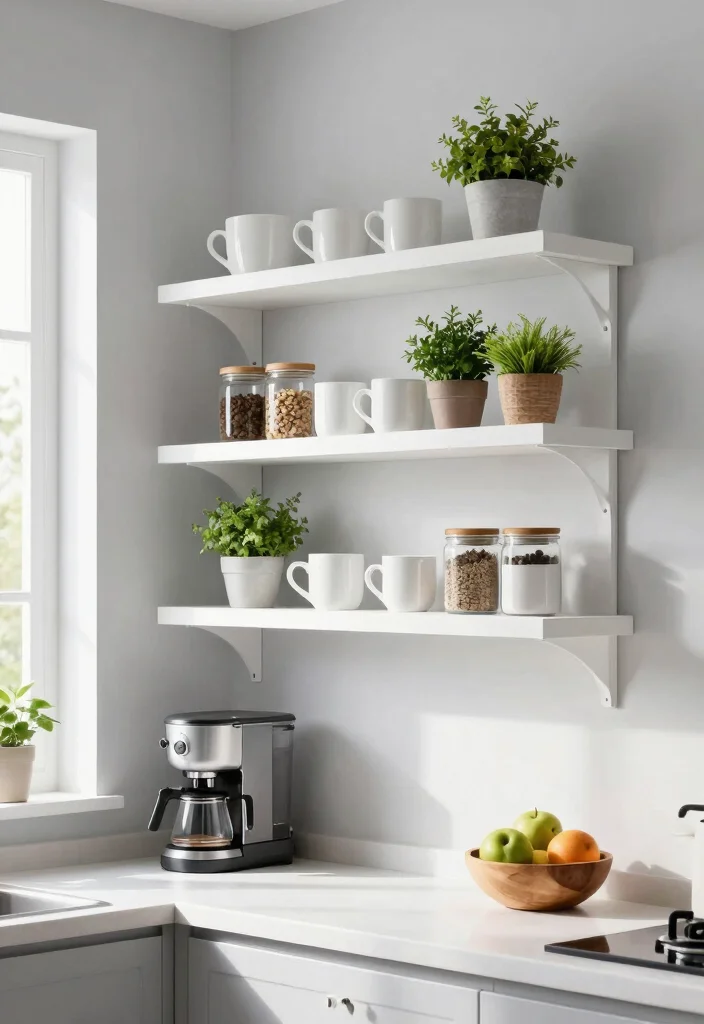 17 Modern Kitchen Shelves Ideas With Clean Lines - 1. Sleek White Floating Shelves 1