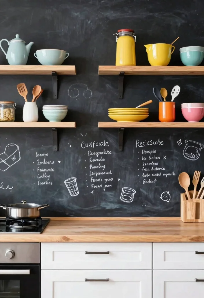 17 Modern Kitchen Shelves Ideas With Clean Lines - 11. Shelf with a Chalkboard Backdrop 1