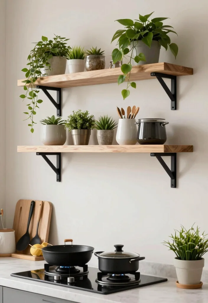 17 Modern Kitchen Shelves Ideas With Clean Lines - 12. Floating Shelves with Decorative Brackets 1