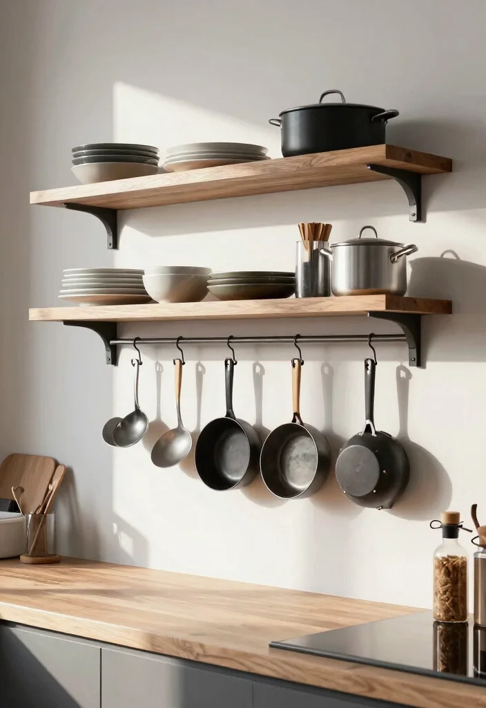17 Modern Kitchen Shelves Ideas With Clean Lines - 15. Floating Shelves with Integrated Hooks 1