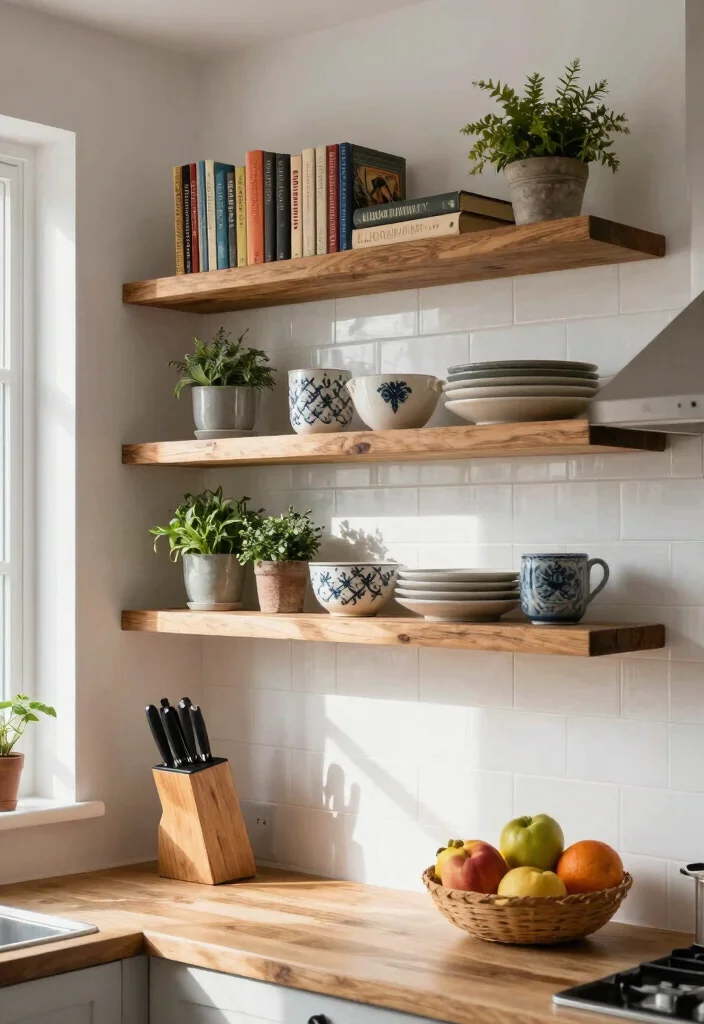 17 Modern Kitchen Shelves Ideas With Clean Lines - 2. Rustic Wooden Shelves 1