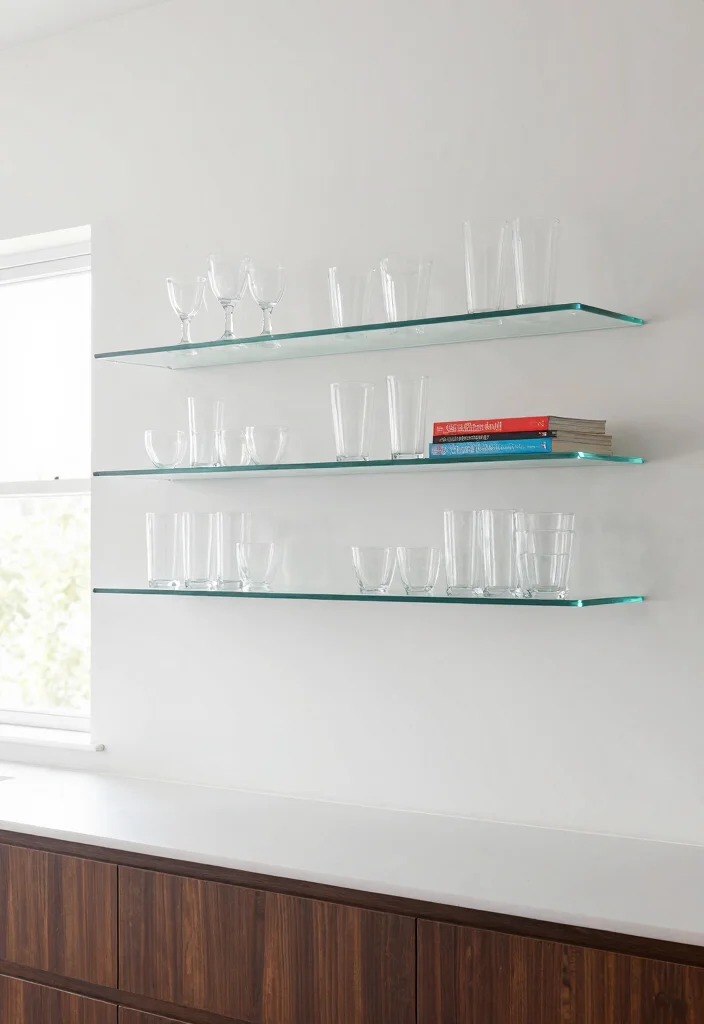17 Modern Kitchen Shelves Ideas With Clean Lines - 4. Glass Shelves for a Light Look 1